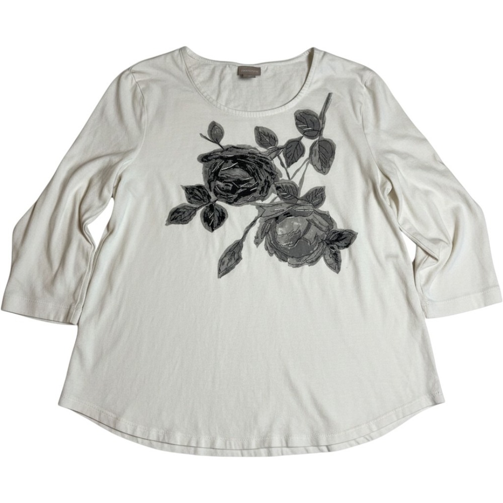 Chicos Womens White Floral Beaded 3/4 Sleeve Cotton Modal Knit Top Size 2 Large